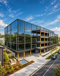 Modern glass office building used to illustrate Ampersand Studios virtual offices in Nashville