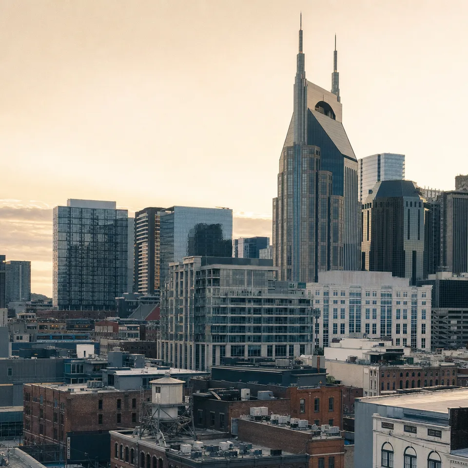 Editorial illustration of the downtown Nashville skyline featuring the AT&T Building